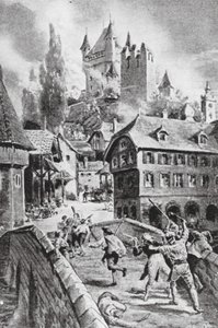 Die Verbrennung des Schlosses von Wadenschwyl im Jahr 1804 von Margaret (after) Dovaston