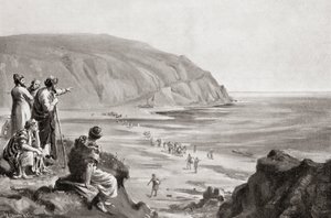 Die Ankunft der Phönizier an den östlichen Küsten des Mittelmeers, um 1500 v. Chr., aus Hutchinsons Geschichte der Nationen, veröffentlicht 1915 von Margaret (after) Dovaston