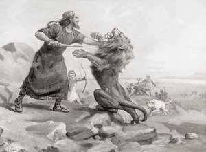 Tiglath-Pileser tötet einen Löwen, aus Hutchinsons Geschichte der Nationen, veröffentlicht 1915 von Margaret (after) Dovaston