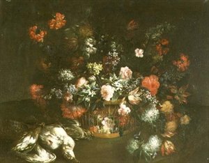 Rosen, Tulpen, Glockenblumen, Flieder und andere Blumen in einem Korb mit toten Vögeln von Margarita (attr. to) Caffi