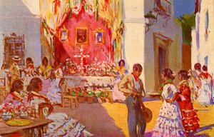 Straßenaltar für das Fest der Kreuz von Mai. Sevilla, Spanien