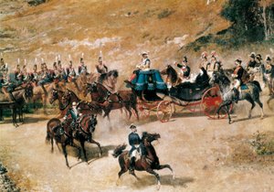 Königin Maria Christina und ihre Tochter Isabel II. besichtigen die Artilleriebatterien, die Madrid 1837 verteidigen (Detail), ca. 1866
