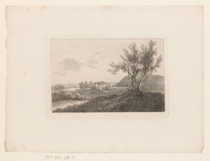 Landschaft mit einer Villa in der Ferne und einer Gartenbank bei zwei Bäumen im Vordergrund