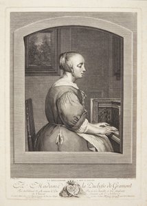 Eine holländische Frau spielt Cembalo, durch ein Fenster gesehen