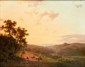Hirten und ihr Vieh auf einem Landweg, mit ferner Landschaft