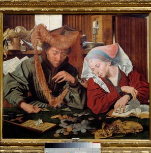 Der Geldwechsler und seine Frau Ein Paar Geldwechsler zählt und wiegt Geld. Gemälde von Marinus Claeszoon van Reymerswaele (1493-1567) 1538 Madrid, Prado Museum