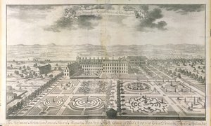 Vogelperspektive der Gärten des Kensington Palace, graviert von Johannes Kip, veröffentlicht von J. Smith, 1724