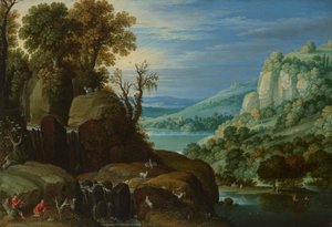 Weitläufige Flusslandschaft mit Ziegenhirten, die neben einem Wasserfall Flöte spielen, mit Blick auf einen See und eine Stadt im Hintergrund