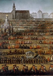 Die Ankunft von Prinzessin Isabella von Parma in Wien anlässlich ihrer Hochzeit mit Kaiser Joseph II. am 05.10.1760 (Detail) von Martin (and studio) Mytens or Meytens