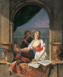 Eine junge Dame greift nach einer Gitarre an einem Steingewände und ein Junge spielt die Flöte dahinter, 1796-97