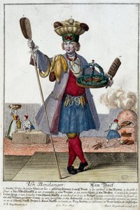 Beruf: Ein Bäcker. Gravur von Martin Engelbrecht (1684-1756), in „Neue Versammlung der manouvries habilles“ 18. Jahrhundert, Deutschland. Paris, Kunstgewerbemuseum von Martin Engelbrecht