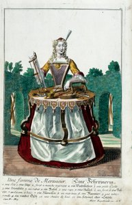 Beruf: Die Frau eines Zimmermanns. Gravur von Martin Engelbrecht (1684-1756), in „Neue Versammlung der bekleideten Handwerker“ 18. Jahrhundert, Deutschland. Paris, dekorative Künste von Martin Engelbrecht