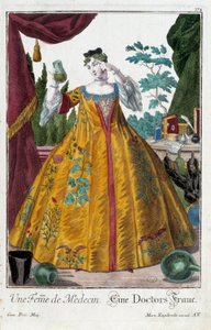 Beruf: Die Frau eines Arztes. Gravur von Martin Engelbrecht (1684-1756), in „Neue Versammlung der manouvries habilles“ 18. Jahrhundert, Deutschland. Paris, Kunstgewerbemuseum