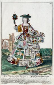 Beruf: Eine Bildverkäuferin. Kupferstich von Martin Engelbrecht, in „Neue Versammlung der Manouvries Habilles“ 18. Jahrhundert, Deutschland. Paris, Kunstgewerbemuseum