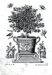 Ornamentaler Baum in einer Urne auf einer kleinen Bühne
