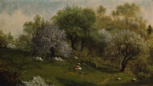 Mädchen auf einem Hügel, Apfelblüten