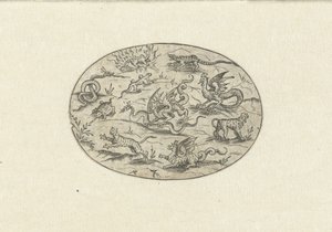 Oval mit Reptilien, Katzenartigen und Fantasiewesen
