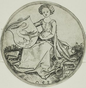 Schild mit einem Schwan, gehalten von einer sitzenden Dame