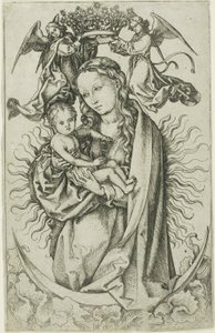 Die Madonna auf der Mondsichel, gekrönt von zwei Engeln