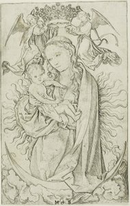 Die Madonna auf der Mondsichel, gekrönt von zwei Engeln von Martin Schongauer
