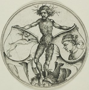Zwei Schilde mit einem Hasen und einem Mohrenkopf, gehalten von einem wilden Mann von Martin Schongauer