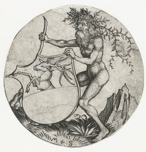 Wappen mit einem Hirsch, gehalten von einem wilden Mann mit einer Keule (Figuren mit Wappen) von Martin Schongauer