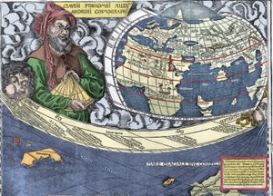 Ptolemäus (Claudius Ptolemaeus 90-168) - Claudius Ptolemäus in „Waldseemüller-Karte oder Universalis Cosmographia - (Universale Kosmographie) - Waldseemüller-Planisphäre“ - 1507 von Martin Waldseemuller