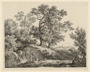Landschaft mit Wasserfall und ruhender Familie
