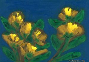 Gelbe Rosen Abendhimmel Komposition Braun Gelb Blau von Martina Konitzky