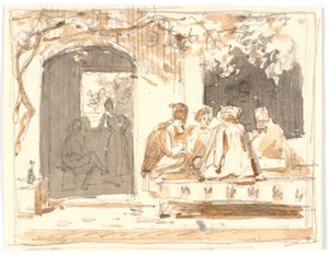 Orientalen bei einem Schachspiel vor einem türkischen Kaffeehaus und Barbierstube von Martinus Rørbye