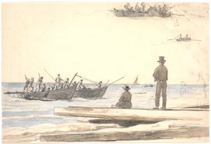 Zwei Fischerboote segeln auf den Strand von Skagen zu von Martinus Rørbye
