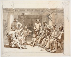 Antike Szene, vermutlich Odysseus, der den Phaiaken von seinen Erlebnissen erzählt
