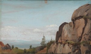 Norwegische Landschaft mit Felsen im Vordergrund