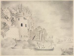 Der einsame Turm (Burg an einem Fluss mit Weiden und einem Boot)