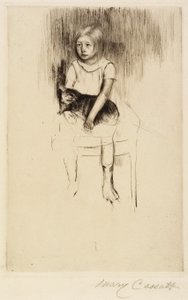 Ellen hält eine Katze, schaut nach links, ca. 1887 von Mary Cassatt