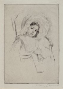 Margot mit einem schlaffen Hut, die sich an einen Stuhl lehnt von Mary Cassatt