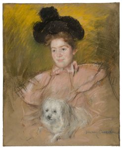 Frau im Himbeerkostüm mit einem Hund, ca. 1901 von Mary Cassatt