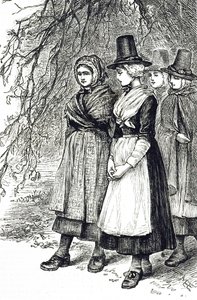 Eine Gravur, die walisische Mädchen auf einem Hollantide-Markt, einem Einstellungsmarkt, darstellt, die darauf warten, als Hausangestellte engagiert zu werden. Illustriert von Mary Ellen Edwards (1838-1934), einer englischen Künstlerin und Illustratorin vo