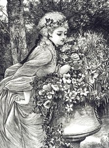 Eine Gravur, die ein junges Mädchen zeigt, das an Blumen riecht, die in einer Gartenurne untergebracht sind. Illustriert von Mary Ellen Edwards (1838-1934), einer englischen Künstlerin und Illustratorin von Kinderbüchern von Mary Ellen Edwards