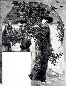 Eine Gravur, die das Sammeln von Stechpalmen und Immergrün für die Weihnachtsdekoration darstellt. Illustriert von Mary Ellen Edwards (1838-1934), einer englischen Künstlerin und Illustratorin von Kinderbüchern von Mary Ellen Edwards