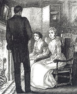 Gravur, die zwei Frauen zeigt, die sich am Kamin wärmen von Mary Ellen Edwards