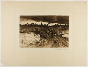 Landschaft mit Mühle und Holzbrücke