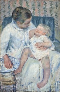 Mutter, die ihr schläfriges Kind waschen will von Mary Stevenson Cassatt