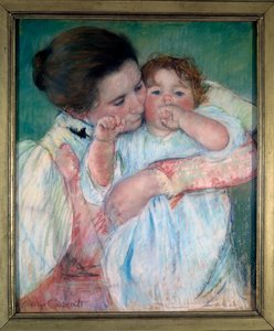 Mutter und Kind vor grünem Hintergrund oder Mutterschaft von Mary Stevenson Cassatt