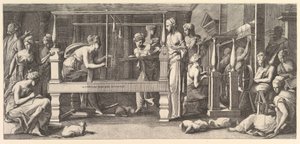 Frauen beim Spinnen, Weben und Nähen, 1540-50 von Master FG