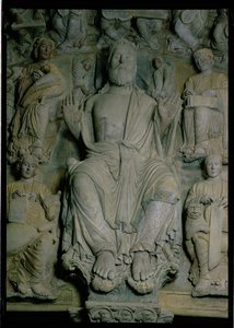 Detail des Portico de la Gloria, das Christus in Majestät darstellt