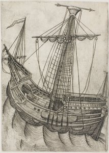 Schiff mit gerefften Segeln und Pfeil, der nach rechts zeigt von Master W with the Key