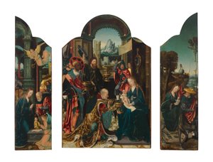Ein Triptychon: das zentrale Panel: Die Anbetung der Könige; der linke Flügel: Die Geburt Christi; der rechte Flügel: Die Flucht nach Ägypten