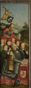Gedenktafel mit acht männlichen Porträts, wahrscheinlich Willem Jelysz van Soutelande und Familie, mit dem heiligen Jakobus dem Älteren und dem Familienwappen von Van Soutelande, innere linke Flügel eines Altars