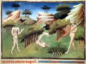 Monster aus dem Land der Merkiten, beschrieben von Marco Polo. Miniatur aus „Das Buch der Wunder“ („Devisement of the World“, „Il Milione“) von Marco Polo (1254-1324), illustriert vom Meister von Egerton von Master of Egerton